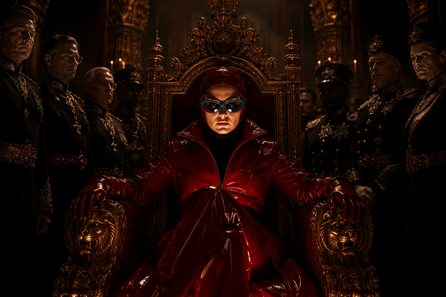 A hooded figure in crimson seated on a gilded throne, flanked by uniformed attendants in a candlelit hall